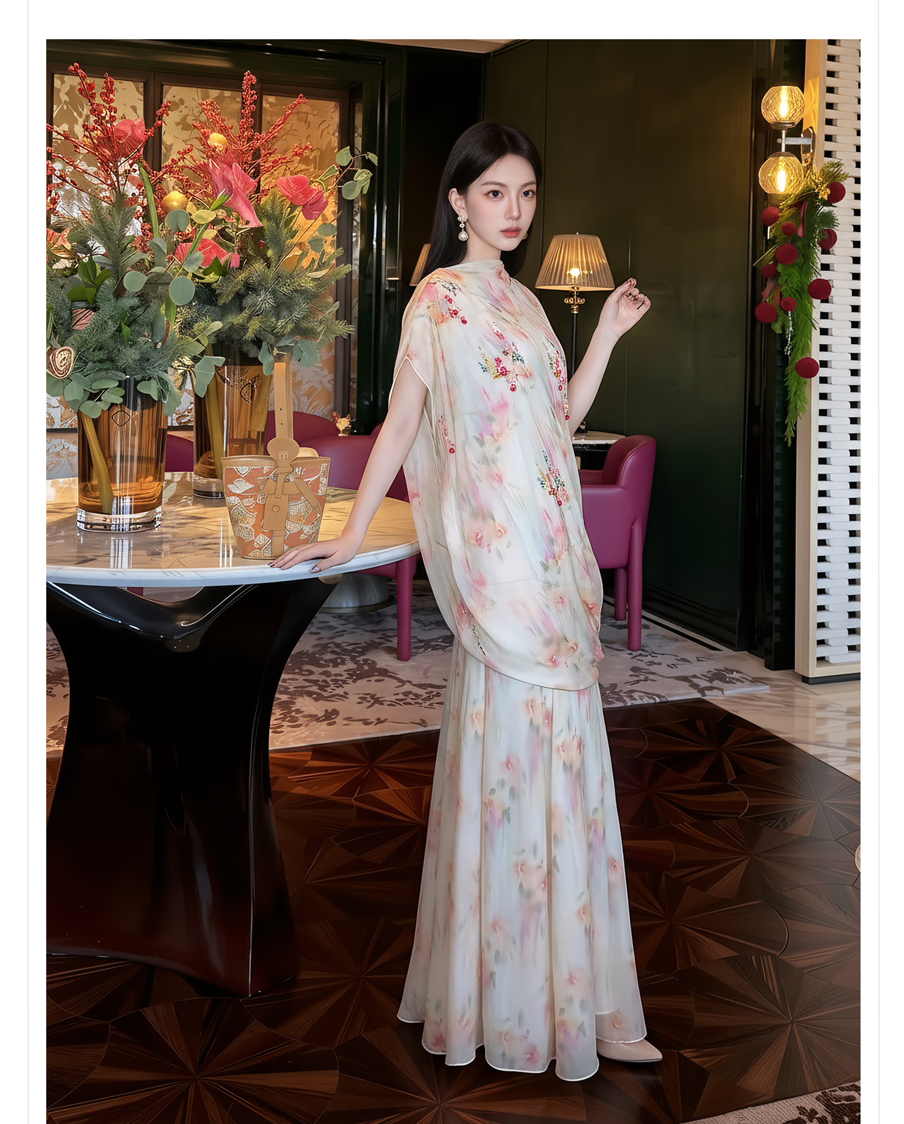 Bộ váy áo maxi thắt eo họa tiết hoa phong cách tân cổ điển — Trang chủ, bộ đồ, nửa váy chi tiết 8