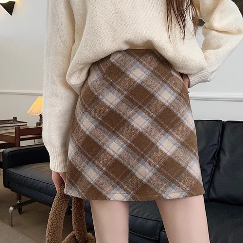 Grid wool blend half-length skirt early autumn winter women's bustier mini skirt high-waisted A-line petite spring