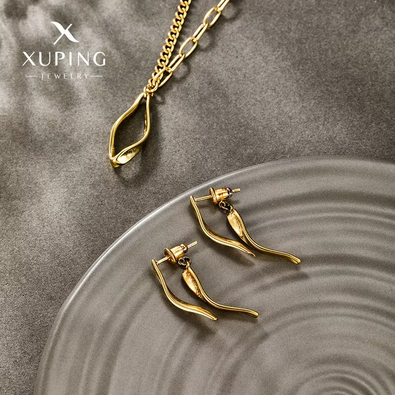 旭平 新款不锈钢14k金色不规则几何耳环项链组合套装小众个性饰品