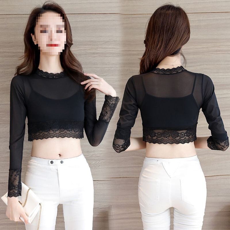 Half Mesh Bottoming Shirt Autumn Black Sexy Lace Half-Length Navel-Baring Long-Sleeved Inner Stand-Up Collar Shirt for Women Half Mesh Bottoming Shirt Autumn Black Sexy Lace Half-Length Navel-Baring Long-Sleeved Inner Stand-Up Collar Shirt for Women