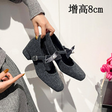 【增高8cm】法式粗跟单鞋配裙子晚晚鞋女加绒玛丽珍毛毛鞋小个子