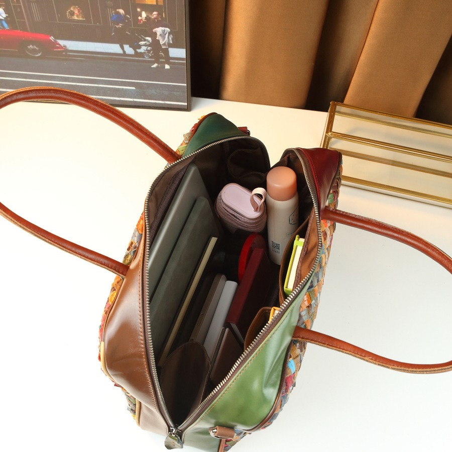 Retro Women's Handbag Top Grain Cowhide Fashion Large Capacity Patchwork Woven Shoulder Bag_voghion.com