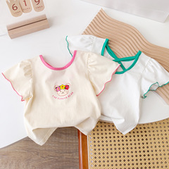 Summer Short Sleeve for Girls 2023 Korean Version New Stylish Cartoon Bear Baby Crew Neck Versatile Bubble Sleeve Top