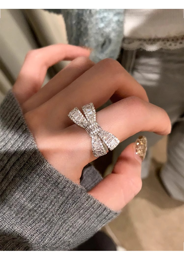 Sterling Silver Bowknot Zircon Ring For Women Adjustable Designer_voghion.com