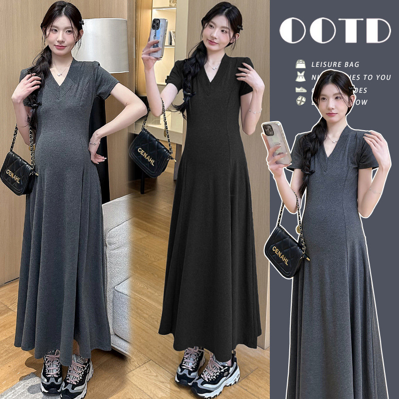 Real Shot Slim Maternity 2025 Summer New V-Neck Fashion Long Elegant Pure Cotton Pregnant Women dress