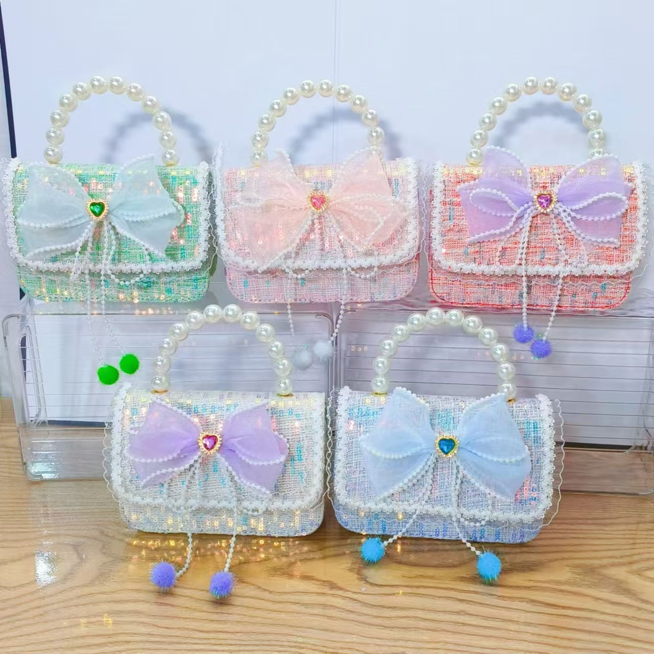 Bolso de la princesa de arco, bolso de mano de perlas, bolso de mano de cadena, bolso de Año Nuevo, bolso de Año Nuevo, regalo del Día de los Niños del 1 de junio