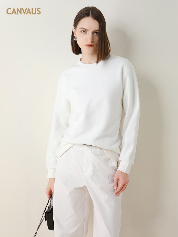 CANVAUS Otoño e Invierno suéter recto forrado de lana de las Mujeres Nuevo cuello redondo casual manga larga color sólido pullover Coat image 4