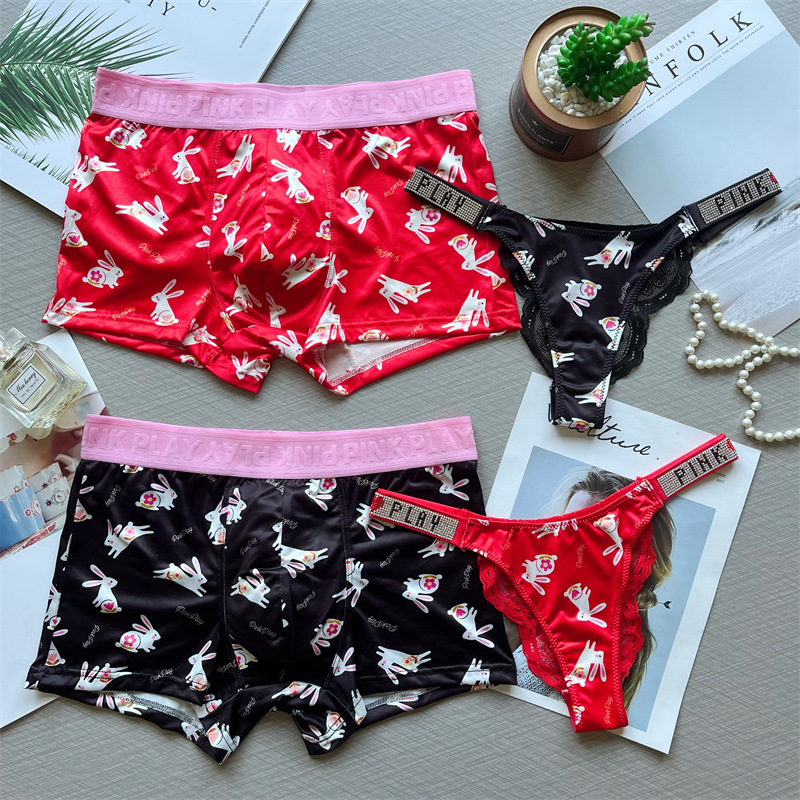 New 045 Couple Men's Boxer Women's Briefs Running Rabbit Printed Red Life Year Gift