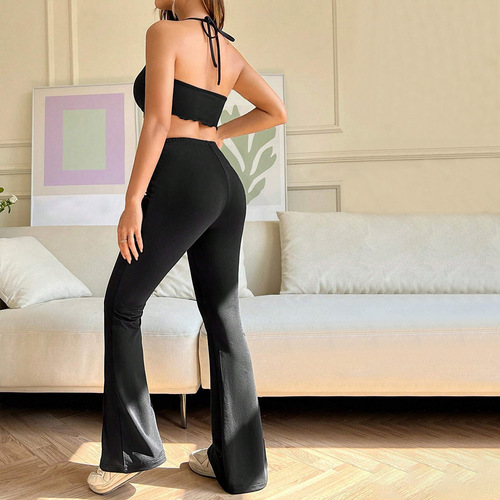 European and American cross-border temu design high-waisted bell-bottom pants 2024 new style waist-length black floor-length long pants for women