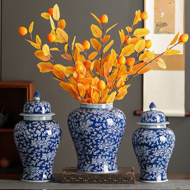 Jingdezhen flores azules de cerámica vasos de cerámica generales vasos de cerámica pintados a mano joyas de cerámica adornos de la villa de suelo jarrón