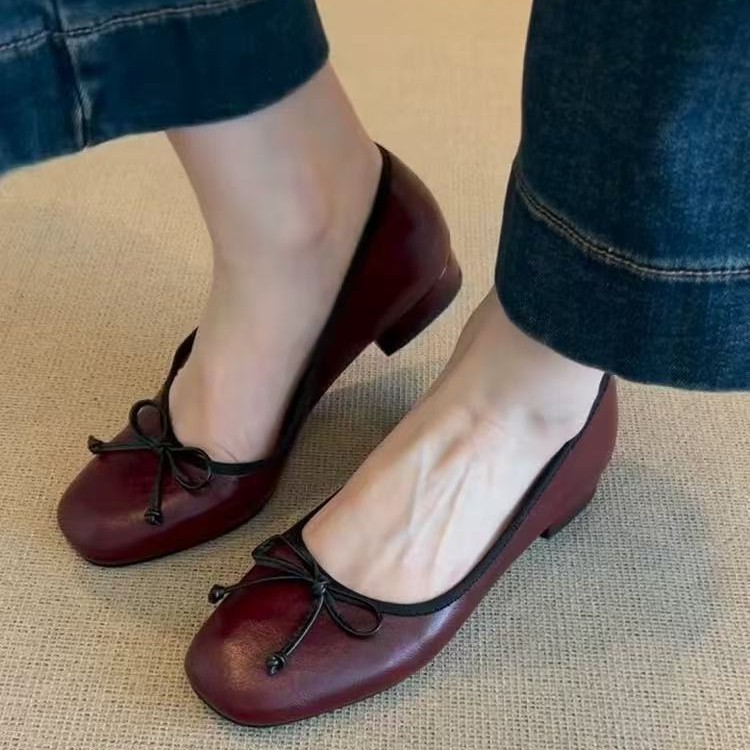 牛革バージョン~女性用の小さな香りのレトロなフラットシューズ、夏のフレンチソフトソールバレエシューズ、リボン付きメリージェーンシューズ|undefined