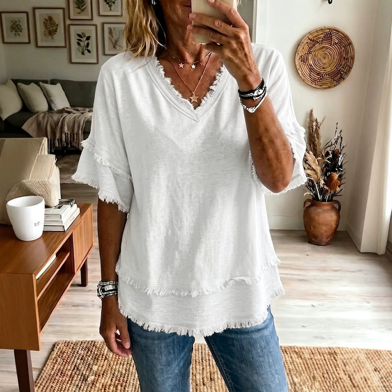 2026 New Amazon European and American Cross-Border V-Neck Pullover Short-Sleeved Loose-Fitting Women's Shirt Casual Women's Top 2026 New Amazon European and American Cross-Border V-Neck Pullover Short-Sleeved Loose-Fitting Women's Shirt Casual Women's Top