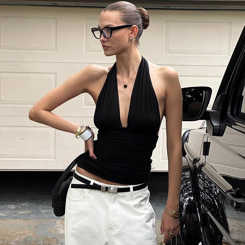 European and American Ins Style 2025 Summer New Fashion Versatile Pure Color Halterneck V Neck Backless Slim Camisole Wholesale European and American Ins Style 2025 Summer New Fashion Versatile Pure Color Halterneck V Neck Backless Slim Camisole Wholesale