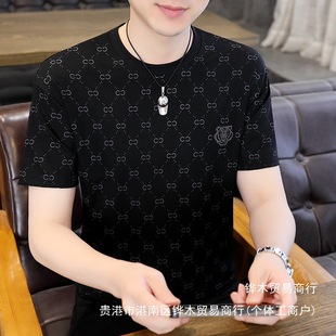 Summer New Round Neck Printed Ice Silk Short-Sleeved T-Shirt Men's Thin Business Casual Handsome Shirt Tops Wholesale