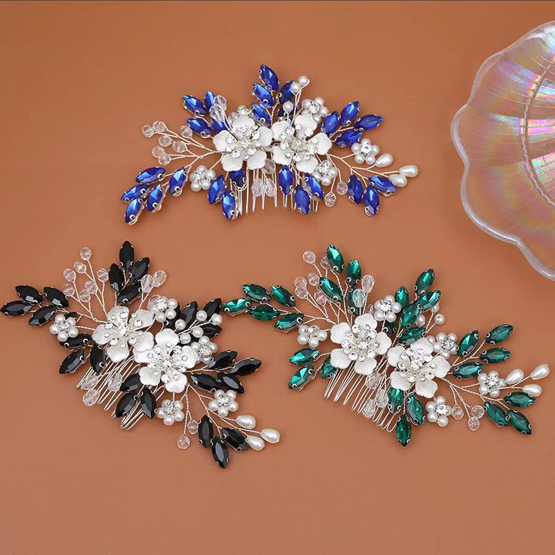 古風漢服髮飾秀禾新娘頭飾手工編織珍珠插梳旗袍髮型配飾水鑽發梳