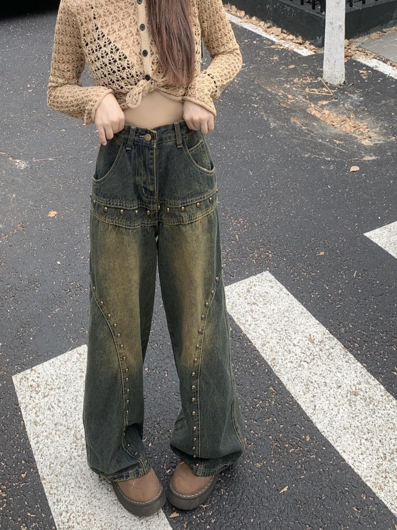 Hong Kong style retro low waist jeans for women in autumn loose straight trousers niche design sense willow nail wide-leg pants trendy