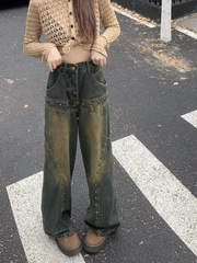 Hong Kong style retro low waist jeans for women in autumn loose straight trousers niche design sense willow nail wide-leg pants trendy