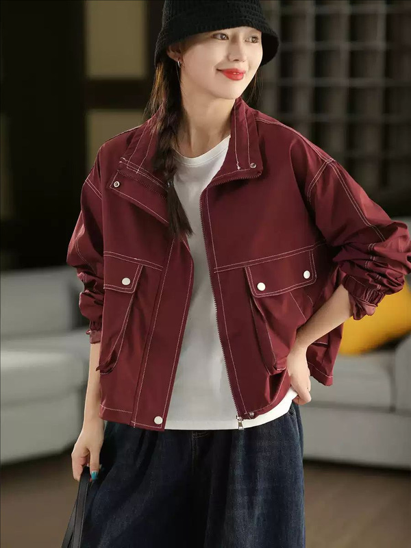 新品廓形感立领风衣女时尚大口袋开衫夹克明线短外套|undefined