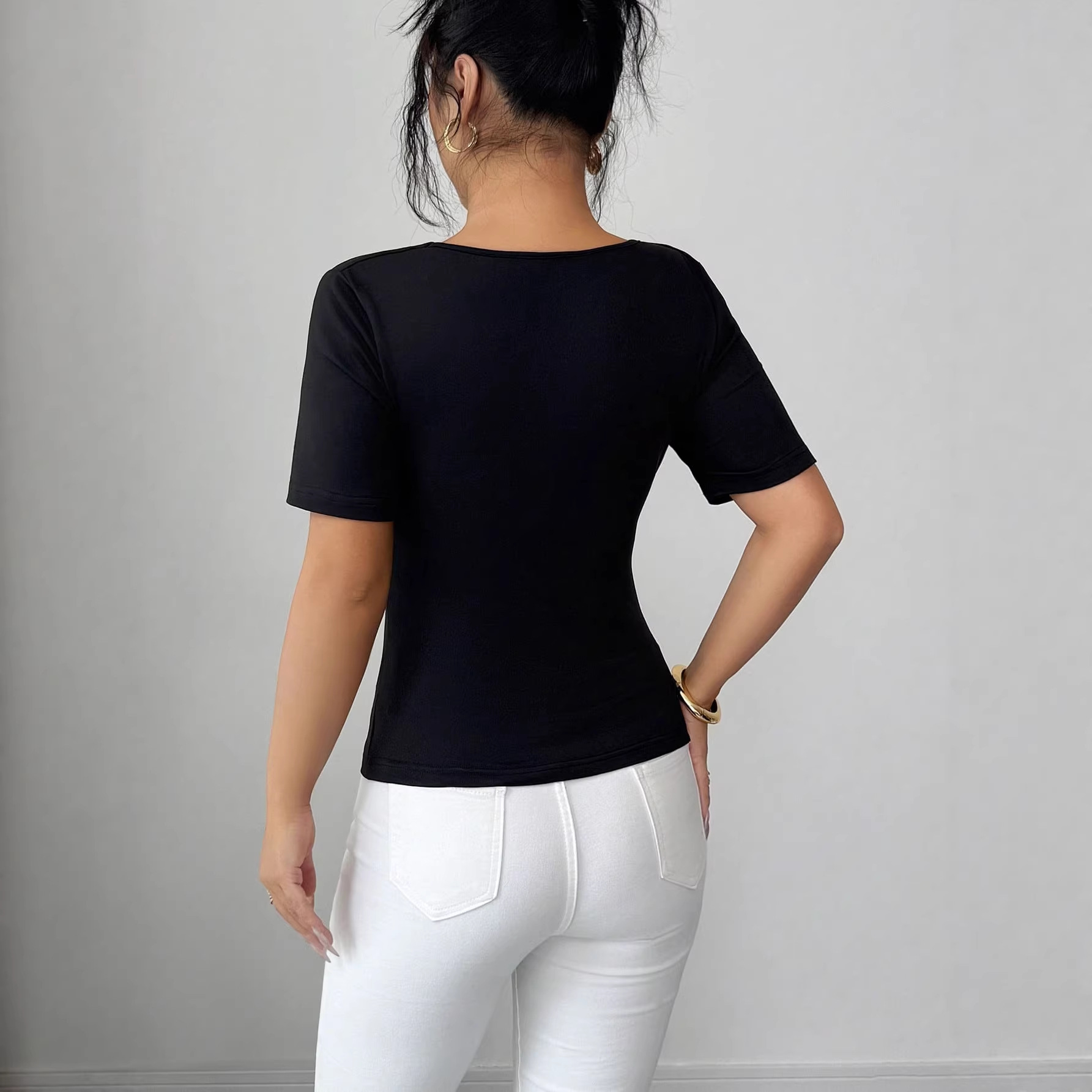 Women's Solid Color Duffle Neck Top With Metal Buckle Faux Two Piece Short Sleeved Trendy Hot Girl_ecoleips.com