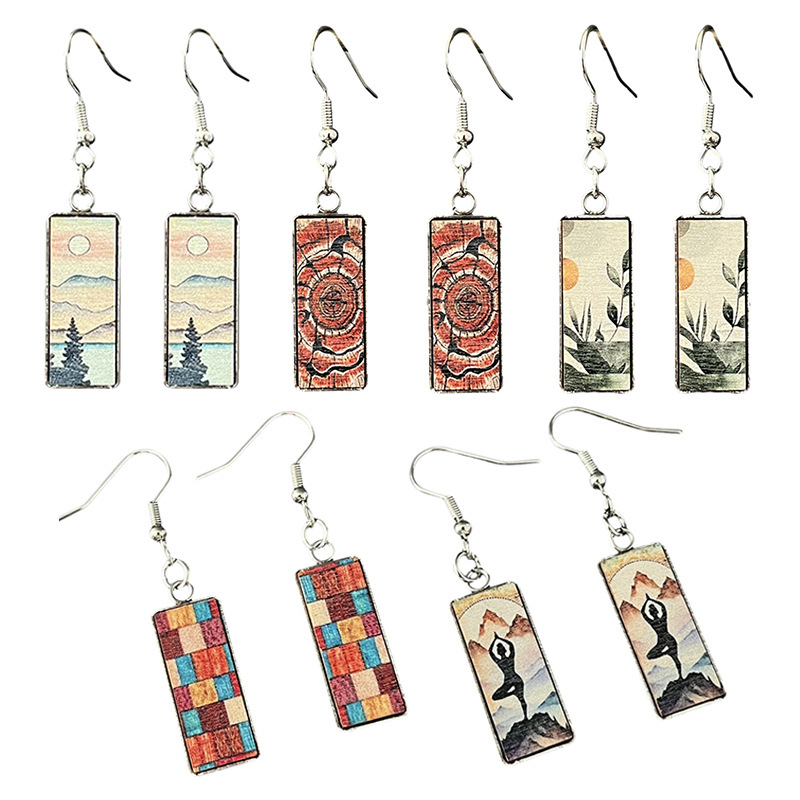 Cross-Border Amazon Supply Daily Style Natural Texture Metal Earrings Wood Grain Mountain Yoga Meditation Energy Earrings