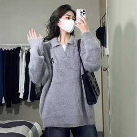 韩系水貂绒毛衣女冬季设计感小众polo领复古慵懒风感针织上衣