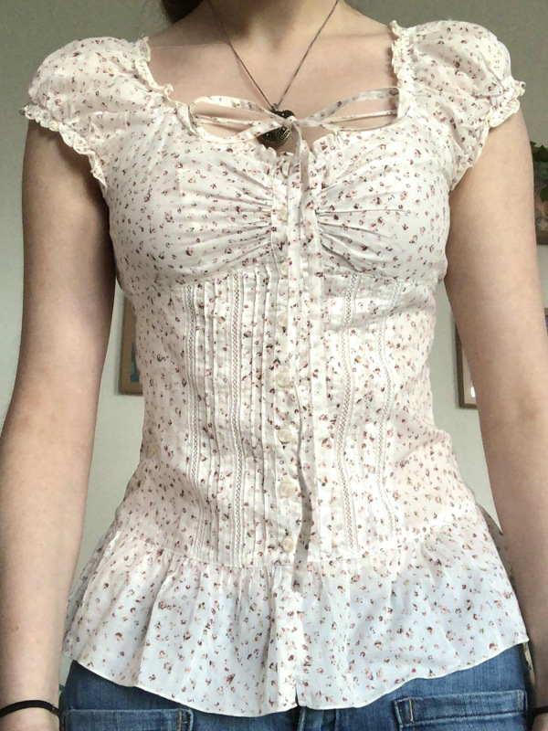 法式甜美少女风碎花衬衫跨境花边修身显瘦方领系带蕾丝短袖上衣|undefined