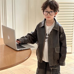 2024秋季新品兒童機車皮衣男女童擦邊做舊復古皮衣外套帥氣夾克