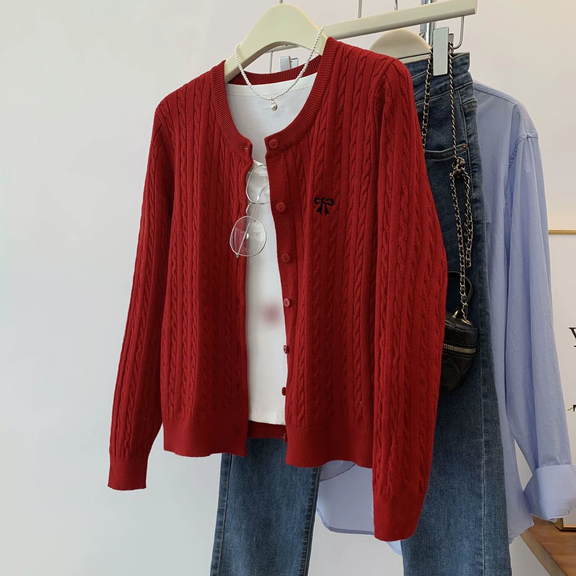 Бант вязаный кардиган женский 2024 новый осенний свитер вышитый куртка короткий топ женский