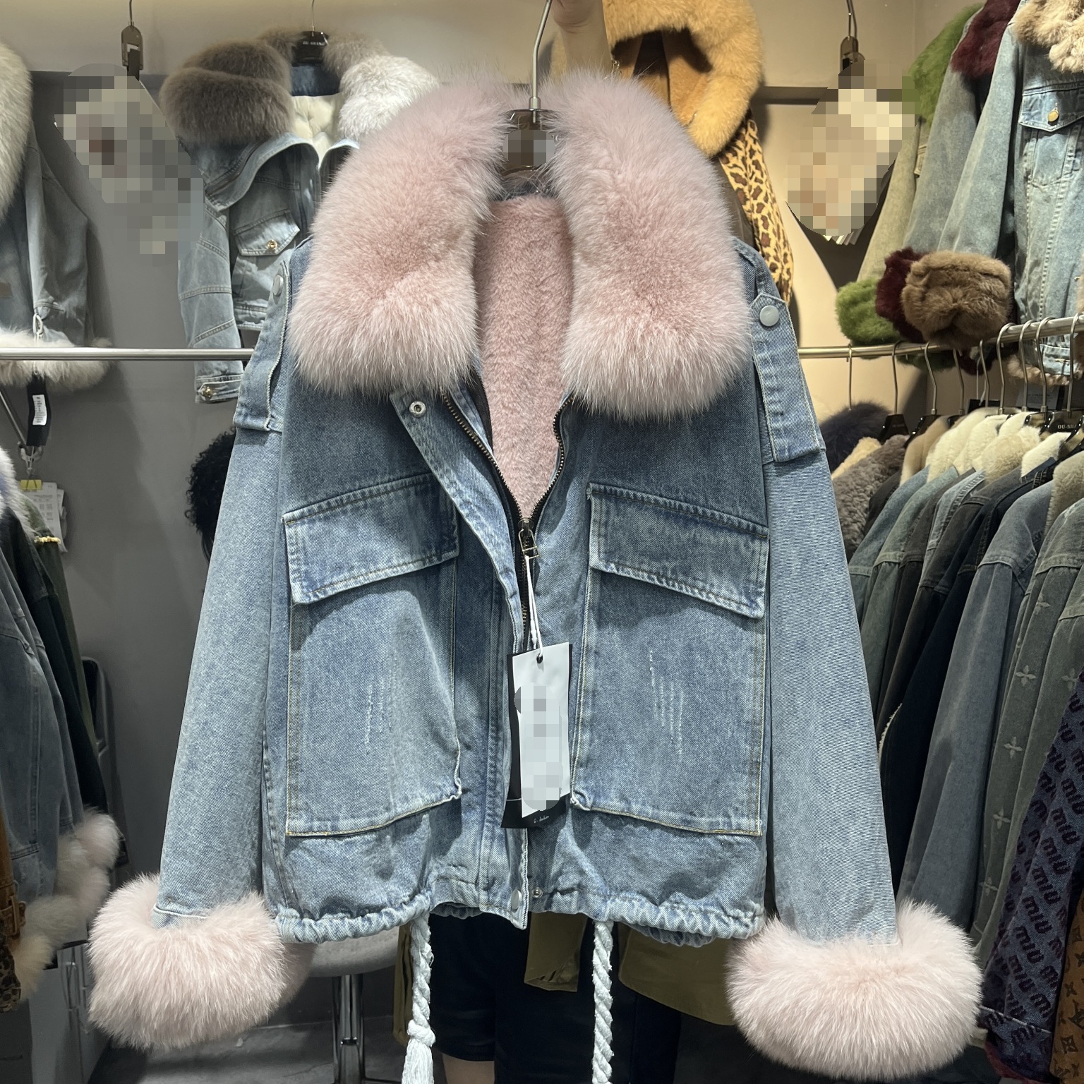 狐狸毛牛仔外套女加绒加厚冬季2025新款韩版宽松百搭蝙蝠袖棉服
