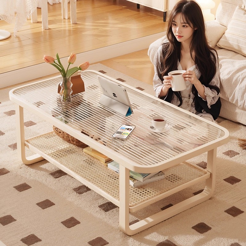 Mesa de té sala de estar doméstica 2025 nuevo lujo ligero de alta sensación de mesa de casa pequeña mesa de vidrio templado crema mesa de té