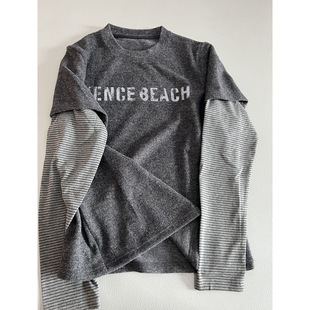 Good-looking not monotonous rabbit plush fake two-piece base shirt stitching stripe letter printed round neck long sleeve pullover top