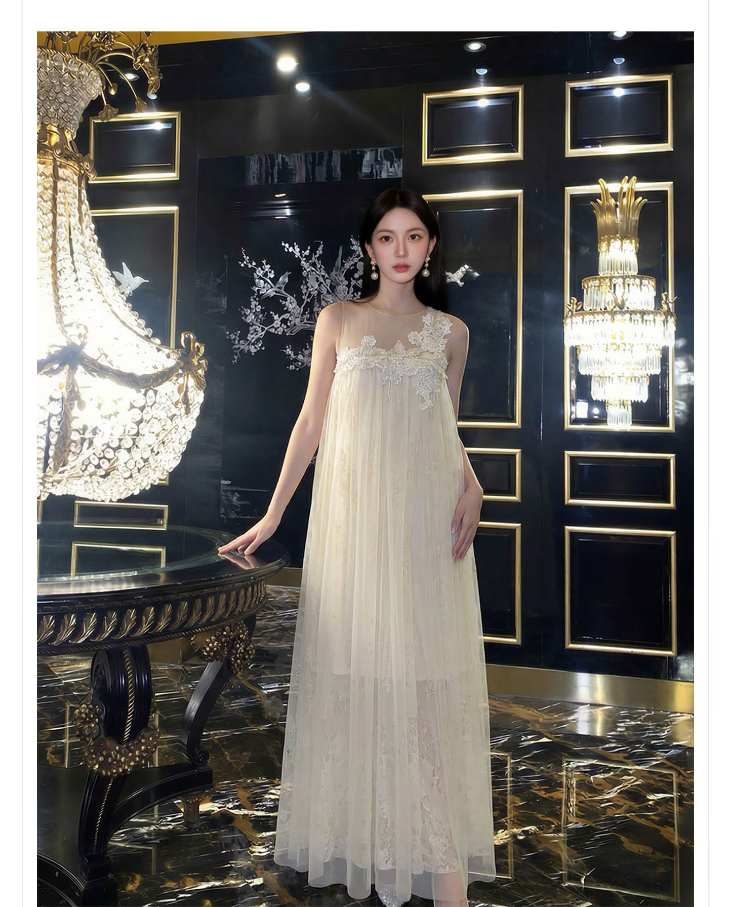 Đầm maxi nữ thắt eo ren hoa nổi lãng mạn phong cách nghỉ dưỡng — màu trắng ngà chi tiết 9