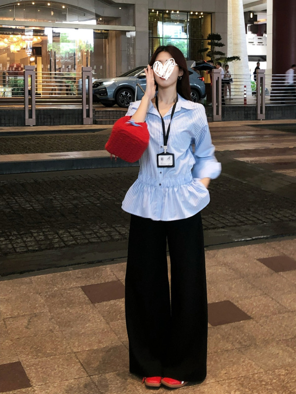大码韩系条纹衬衫女秋季新款胖mm遮肚显瘦设计感小众收腰长袖上衣|undefined