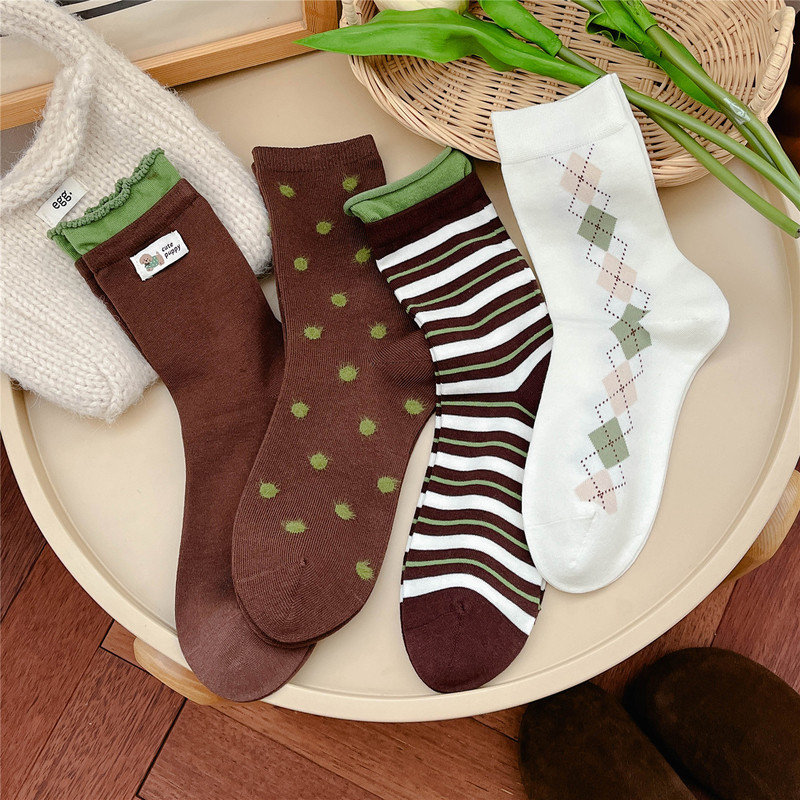 Green and Brown Elf-Style Mid-Calf Women's Socks Autumn and Winter Socks Women's Japanese Ins Trendy Lace College Style Striped Long Socks