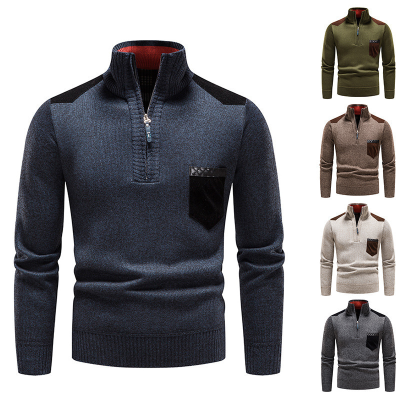 Cross-border Foreign Trade Autumn and Winter Men's Vertical Collar Thickened Sweater Knitted Sweater Pullover plus size Half Zipper Knitted Top Men