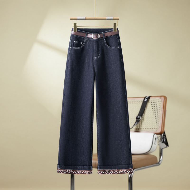 Fashionable Cuffed Wide-Leg Jeans for Women, 2026 Summer New High-Waisted Ethnic Style Embroidered Slim-Fit Narrow Straight Pants