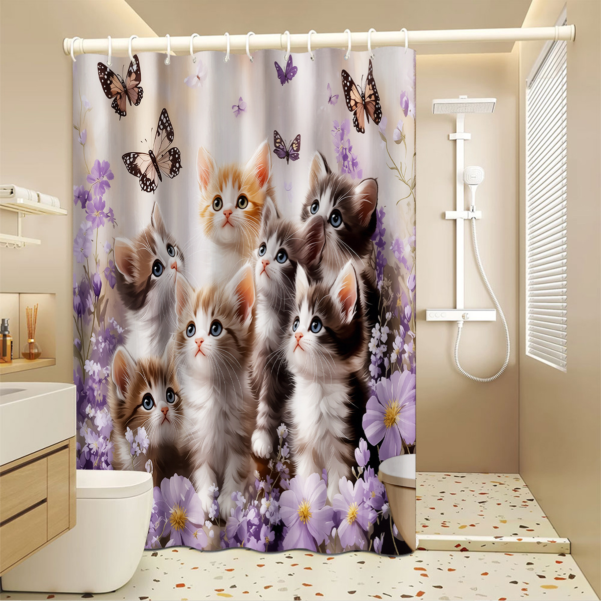 Türvorhang mit Cartoon-Tier-Kätzchenmotiv, Großhandelsware, wasserdichter Duschvorhangstoff aus Polyester_voghion.com