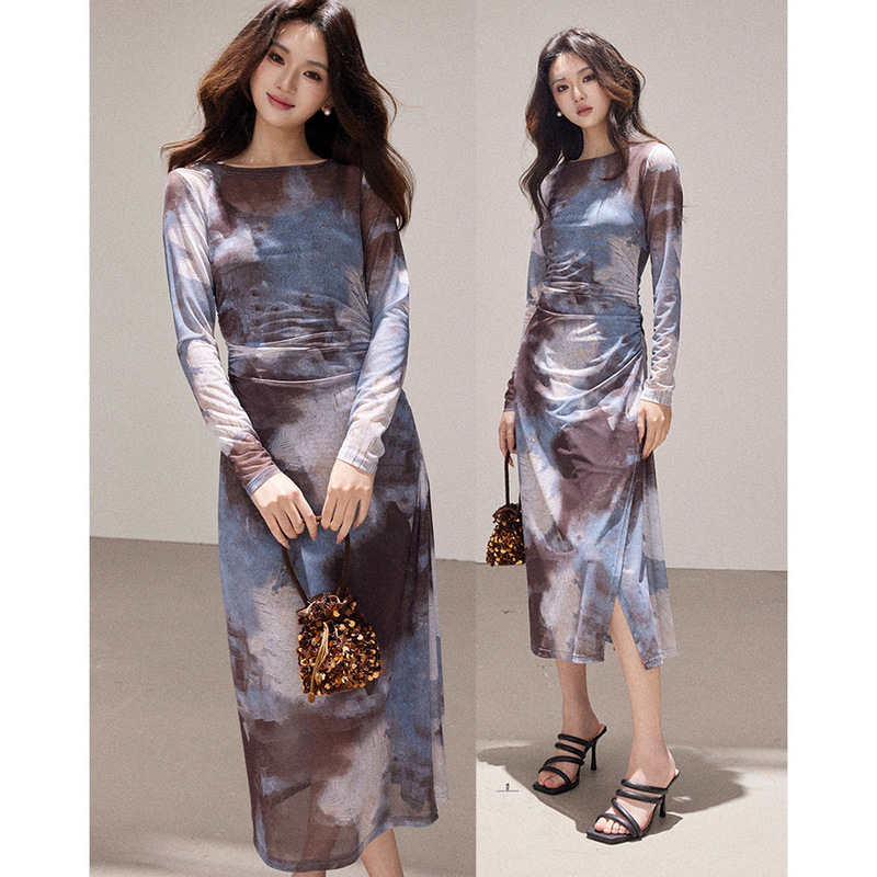 【Shengdu】26 Spring/Summer New Mature Style Elegant Niche Waist-Cinching Ink Print Relaxed Mesh Dress for Women