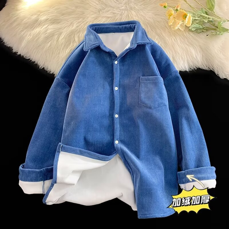 Corduroy Shirt Men's Long-sleeved Autumn and Winter plus size Solid Color Warm Casual Loose Top Clothes fleece-lined Thickened Jacket