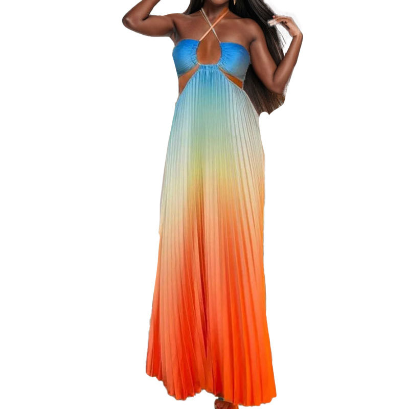 Women's Elegant Hollow Out Halter Neck Dress Spring 2026 Sexy Gradient Color Long Casual American Style Summer Clothing_ecoleips.com