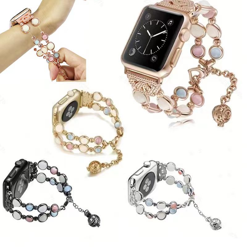 For Apple Watch Luminous Pearl Strap S10SE98iWatch Glowing Beads Metal Watch Strap