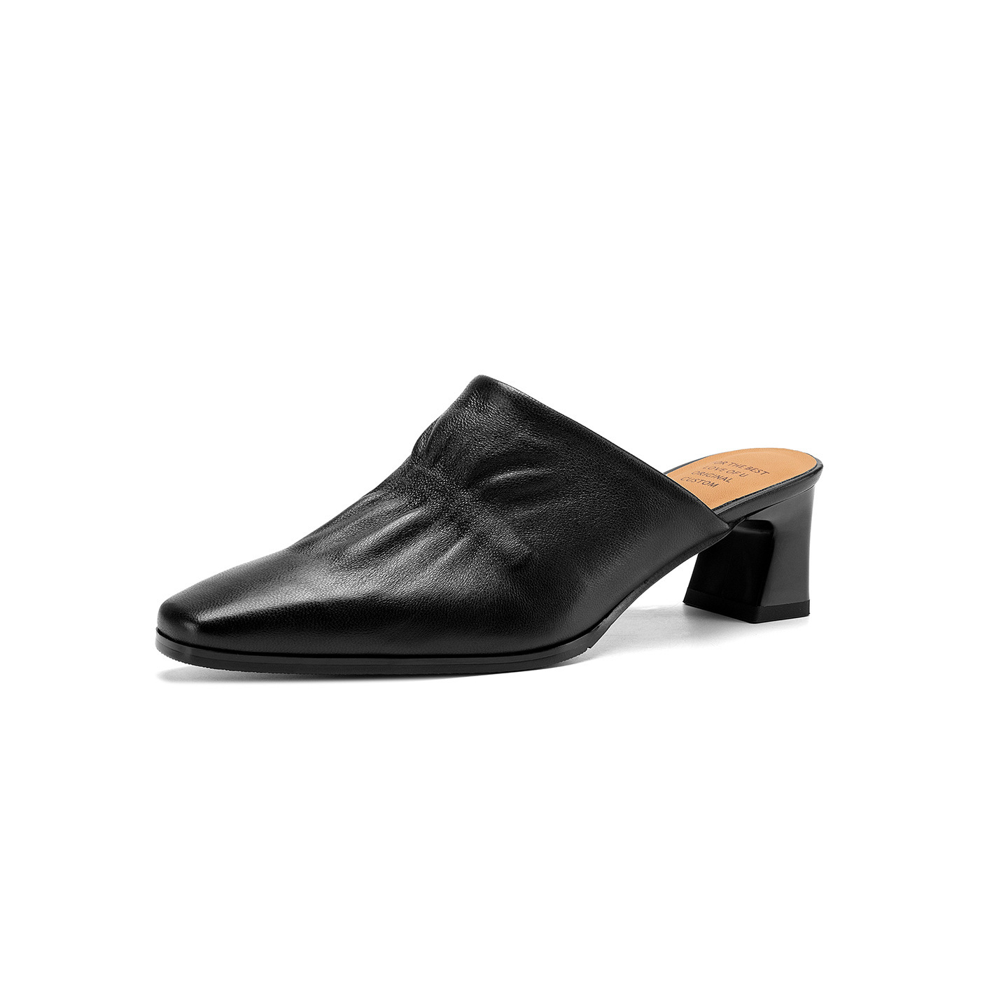 Sandal nữ bít mũi hở gót cao gót thô 5 cm, da bò mùa xuân hè — đen