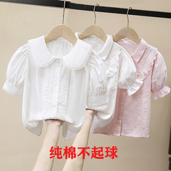 女童純棉白色短袖襯衫夏裝小學生夏襯衣娃娃領學院風上衣批發