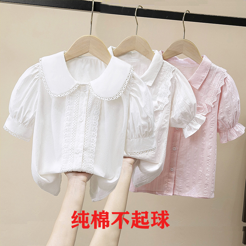 Girls Pure Cotton White Short-Sleeved Shirt Summer Primary School Student Summer Shirt Doll Collar College Style Top Wholesale Girls Pure Cotton White Short-Sleeved Shirt Summer Primary School Student Summer Shirt Doll Collar College Style Top Wholesale