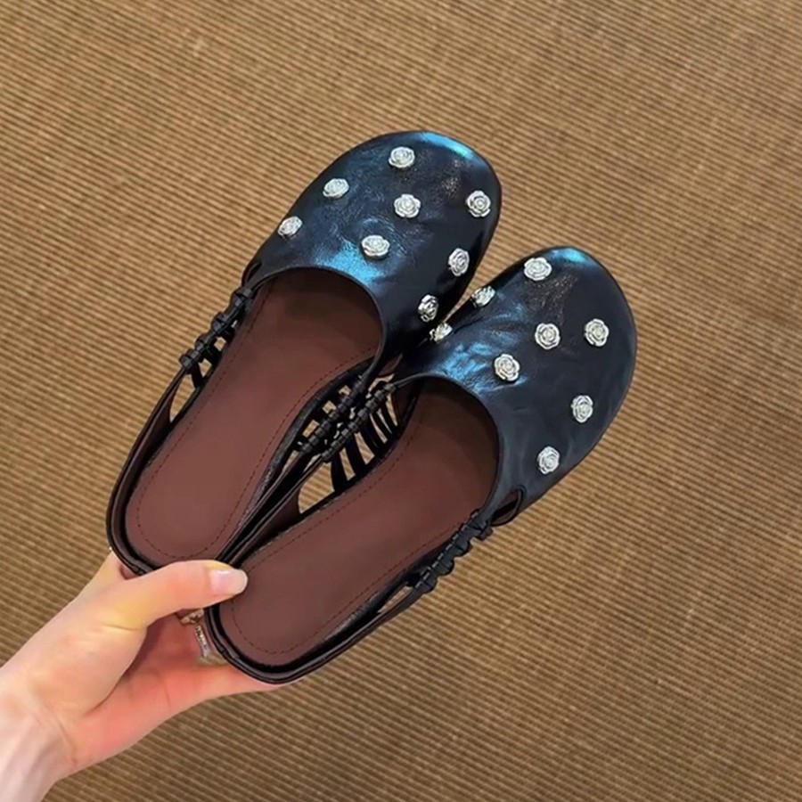 Retro mountain tea made of soft leather with hidden heel, mule, women's slippers, French vintage style, closed toe, easy to put on