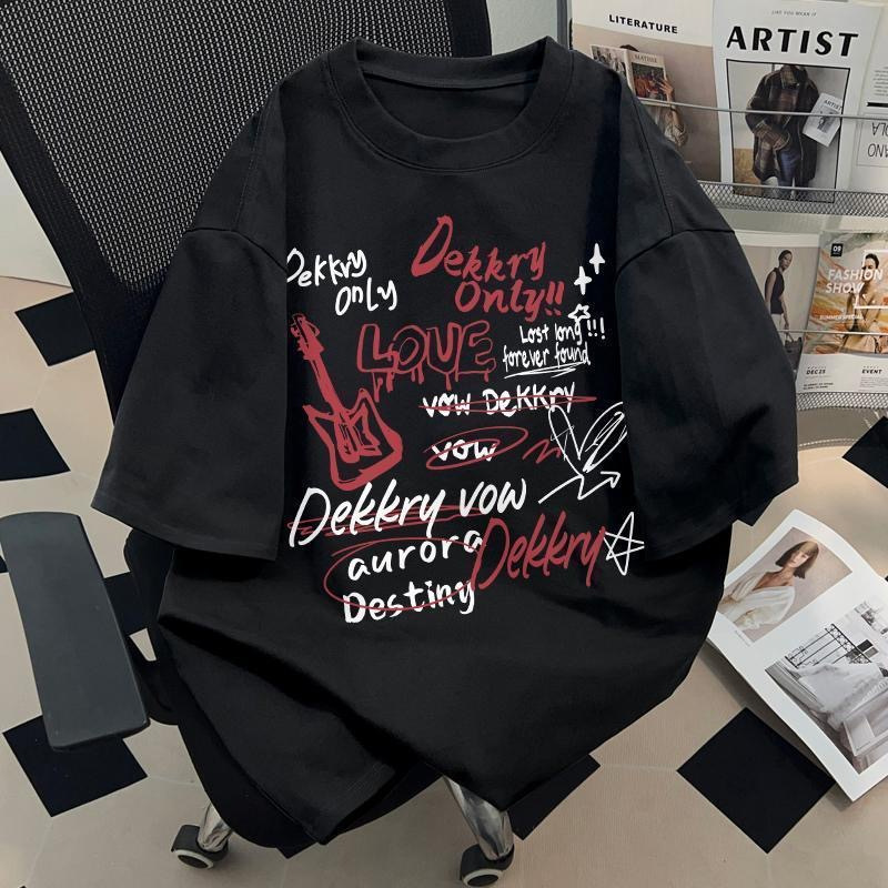 夏の新しいアメリカンレトロ落書き手描きプリント右肩半袖Tシャツメンズカジュアルファッション多用途トレンド|undefined
