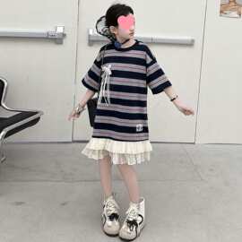 女童条纹短袖连衣裙夏季新款中大童花边拼接T恤裙女孩夏天裙子潮
