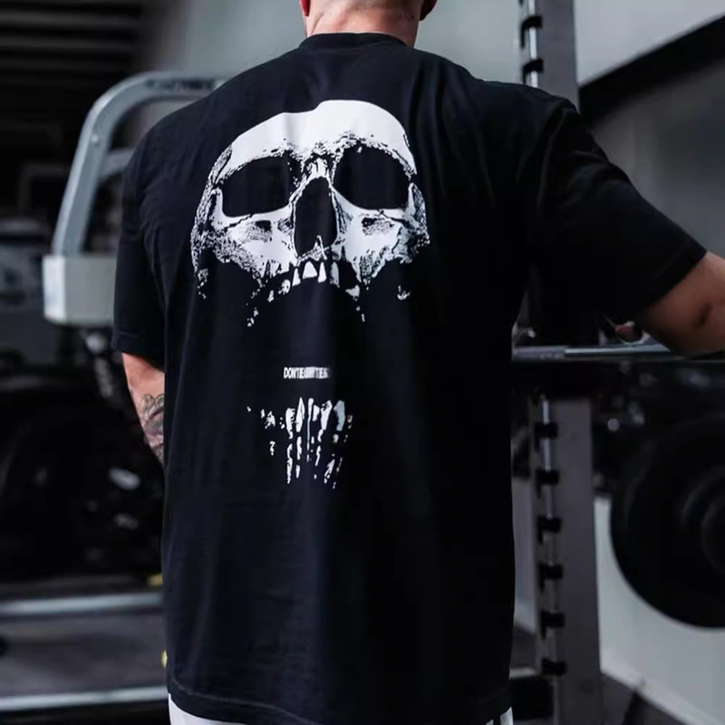CBUM Chris Skull Design Sports Fitness Cotton 240g Heavy-weight Crewneck Short-sleeved T-shirt