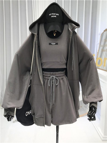 Sporty Set for Women, Spring/Summer Fashion, Casual, Youthful, Fitness Running, Fashionable Athleisure, Three-Piece Set with Hoodie and Shorts