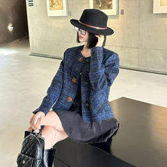 韩系蓝色小香风外套羊毛面料复古短款粗花呢时尚精品女装百搭上衣